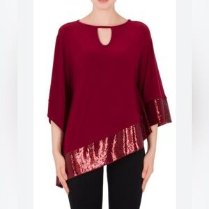 Size L/XL Joseph Ribkoff burgundy red sequinned trim asymmetrical poncho